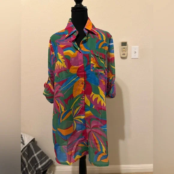 Violet Sky Vintage 80s 90s‎ super bright tropical floral blouse. Size L. NWT - Picture 3 of 12